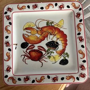 Italian Dinner Serving Square 14.5” X 14.5 Platter Lobster Seafood White Orange